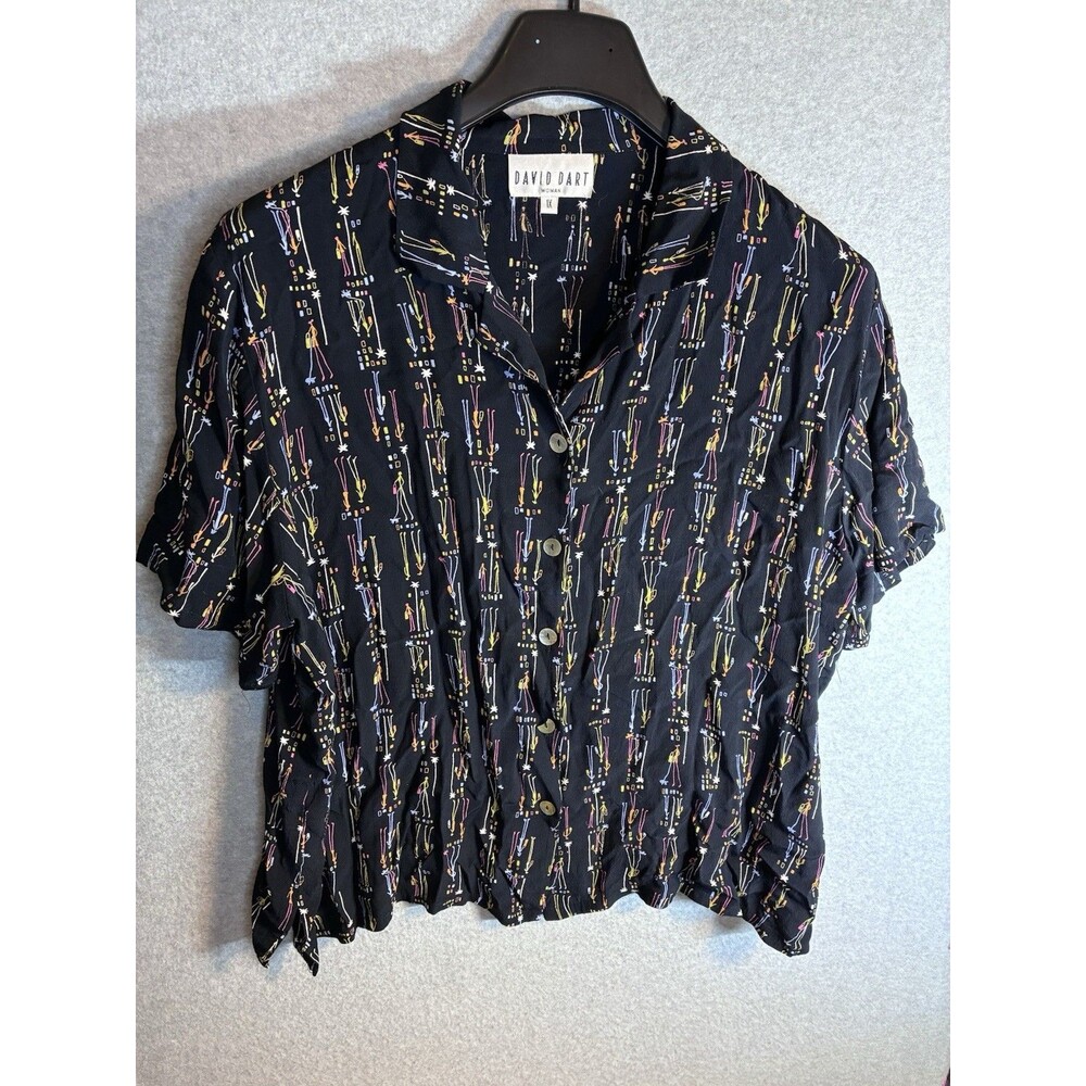 David Dart VTG Blouse Sz 1x Plus Size 90s Summer Art Deco Fun Button Up Breezy